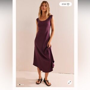 NWT Free People Beach Ash Midi Dress Cotton Mauve Wine M Empire Waist Vacation